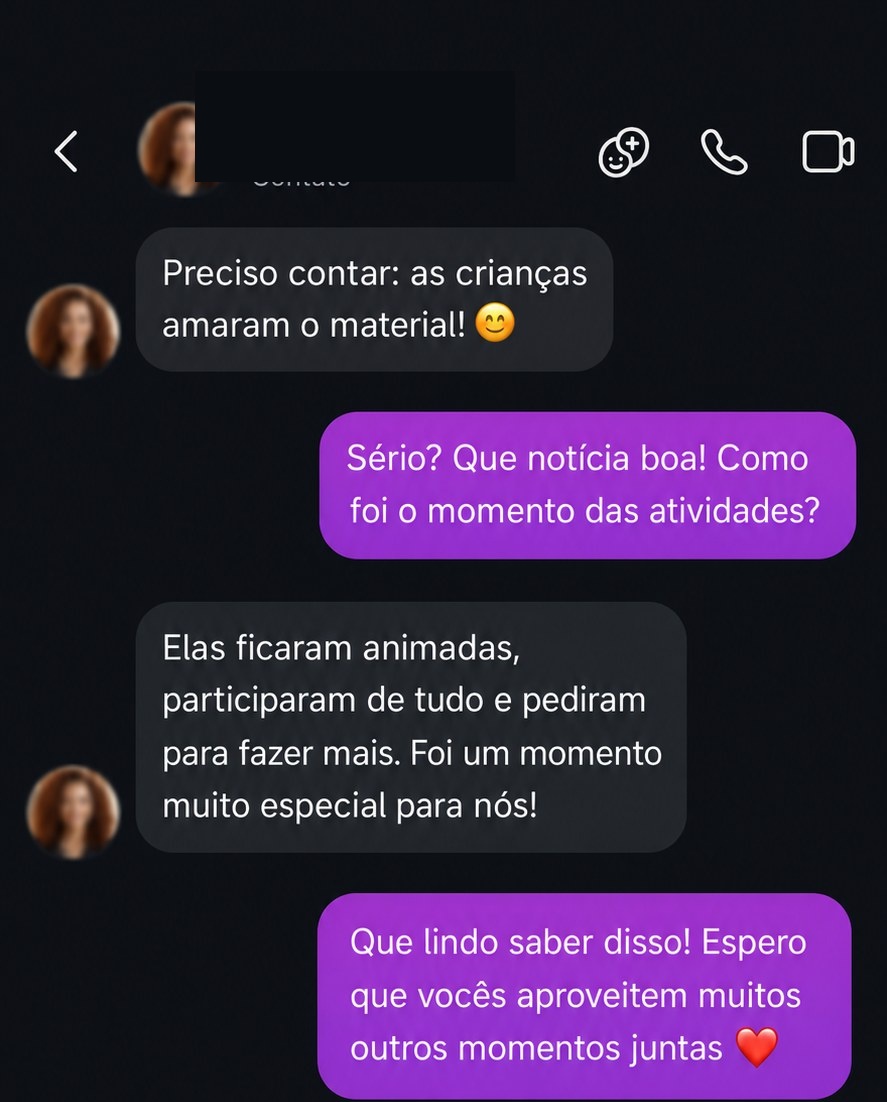 Mãe contando que as crianças amaram as atividades