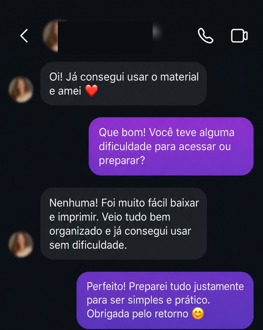Cliente contando que foi fácil baixar e imprimir o material