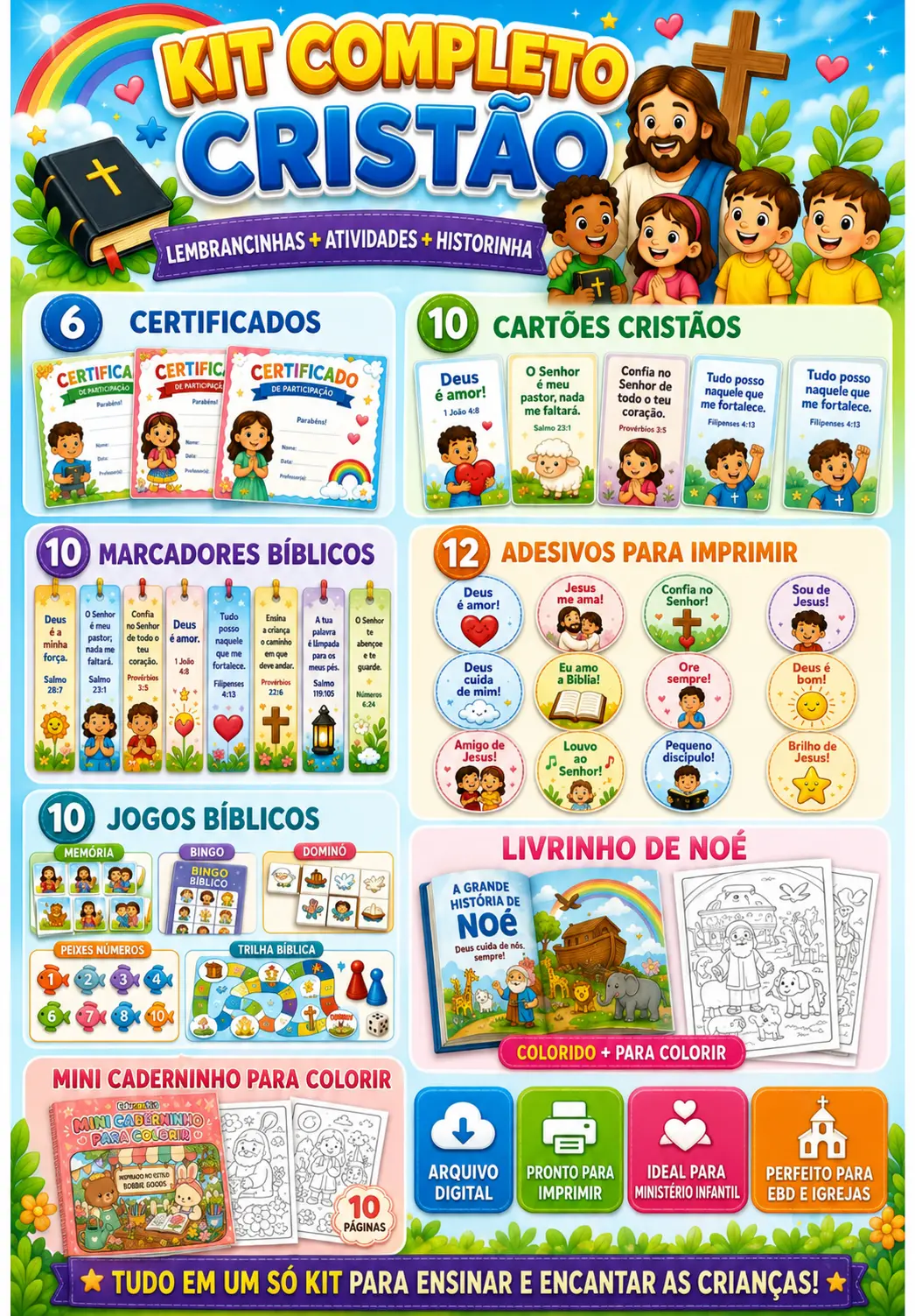 Kit Completo Cristão com certificados, cartões, marcadores, adesivos, jogos bíblicos e livrinho de Noé